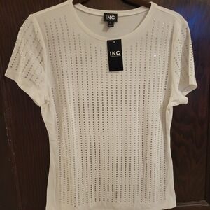 INC International Concepts Women Short sleeve White Rhinestone Top Sz Medium